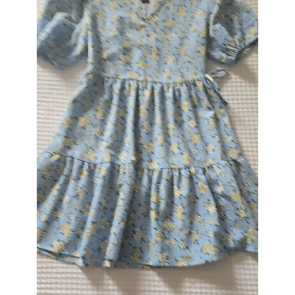 Light Blue Yellow Floral Puff-Sleeve Kids Dress